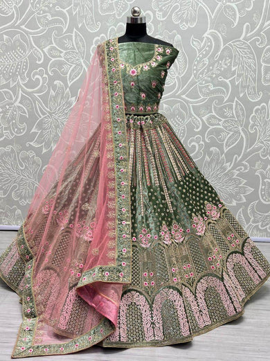 Magical Mehendi-Green Thread Work Velvet Wedding Lehenga Choli