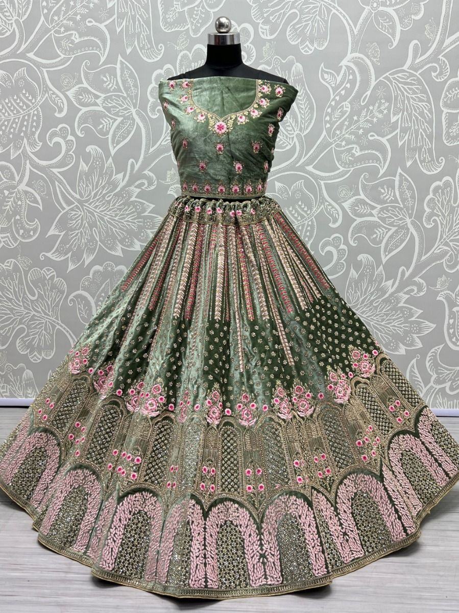 Magical Mehendi-Green Thread Work Velvet Wedding Lehenga Choli