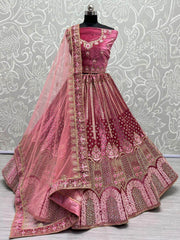 Preety Pink Thread Work Velvet Bridal Wear Lehenga Choli