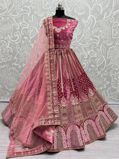 Preety Pink Thread Work Velvet Bridal Wear Lehenga Choli