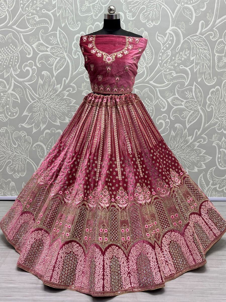 Preety Pink Thread Work Velvet Bridal Wear Lehenga Choli