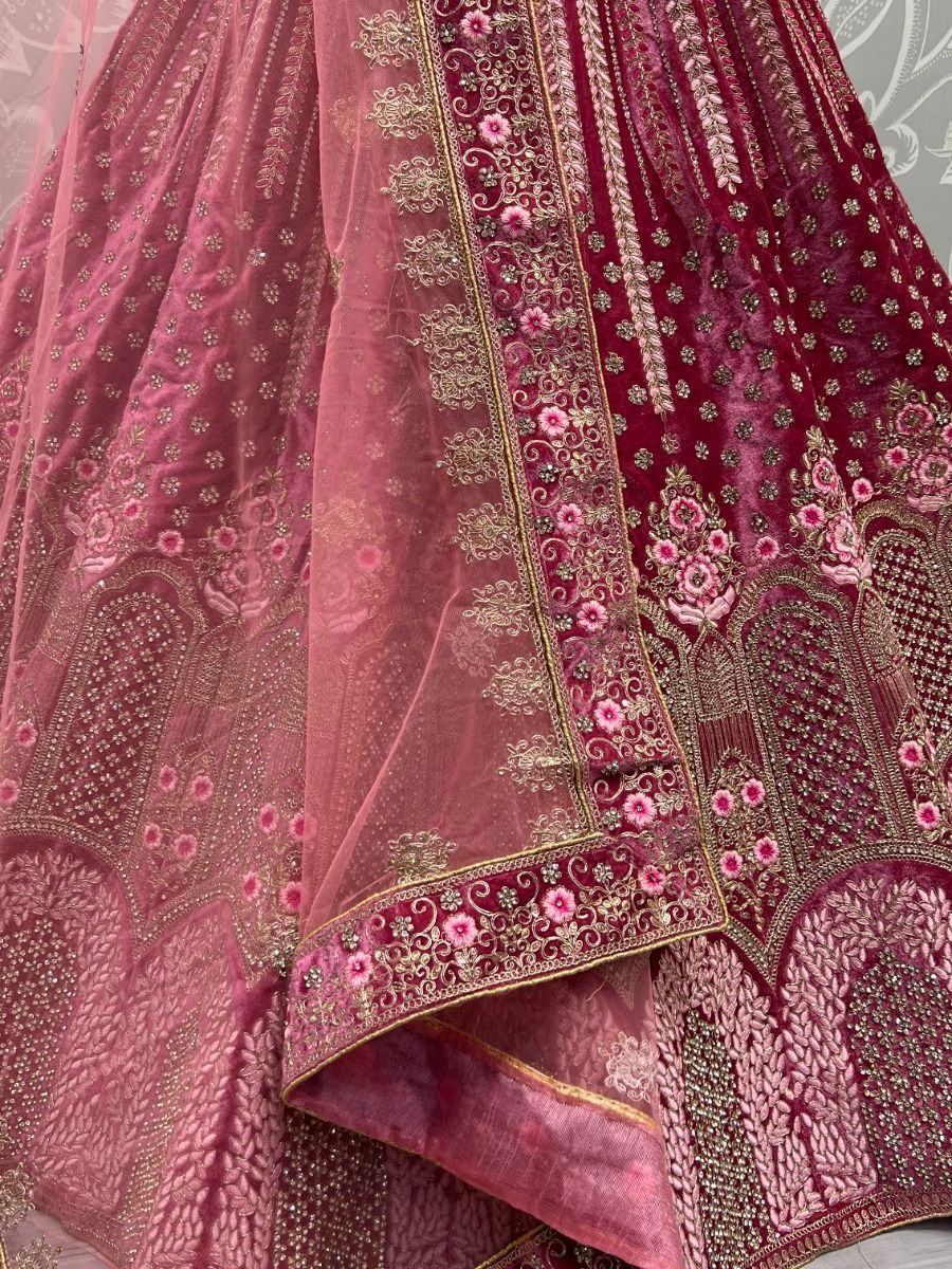 Preety Pink Thread Work Velvet Bridal Wear Lehenga Choli