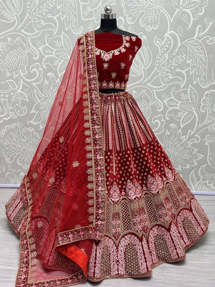 Red velvet lehenga choli with pink gold embroidery, designer Indian ethnic wear for weddings
