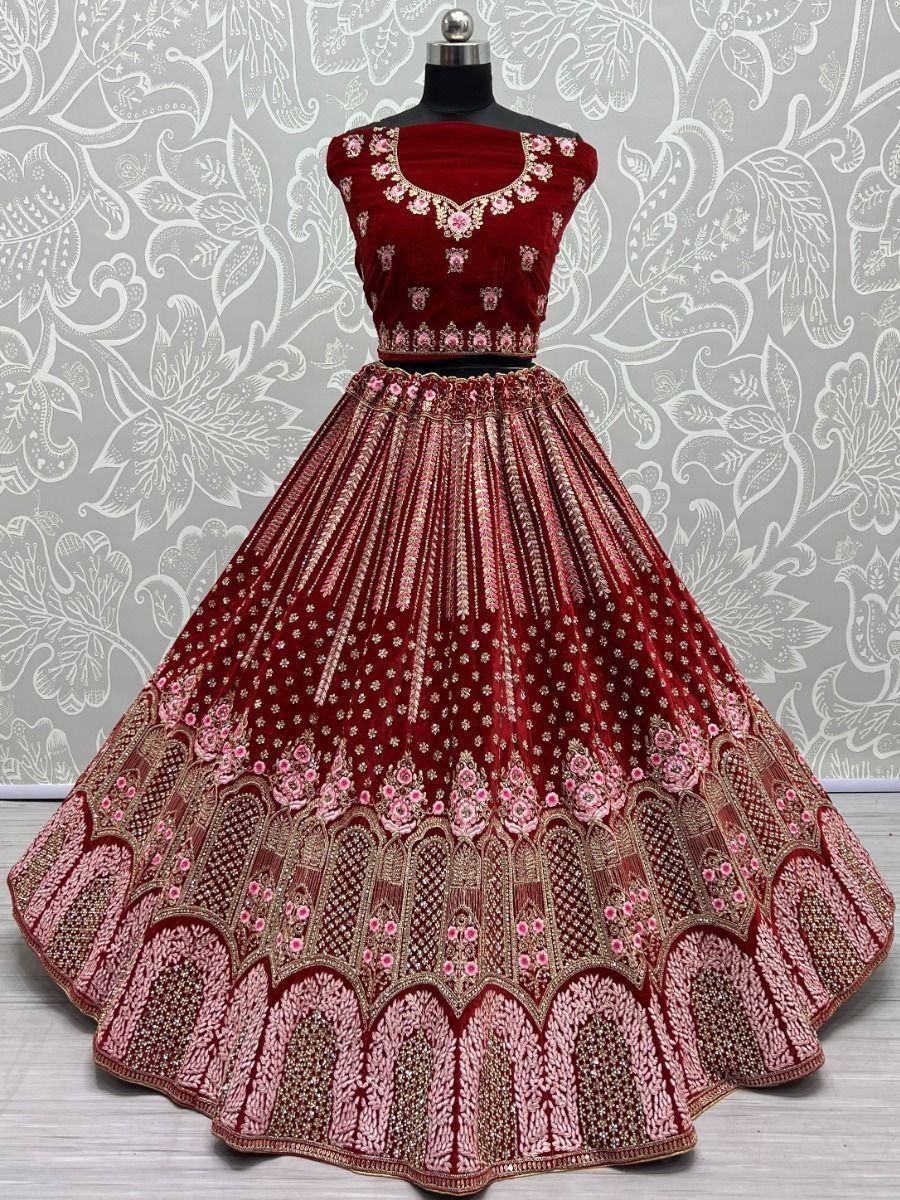 Red velvet lehenga choli with pink gold embroidery, designer ethnic wear for weddings