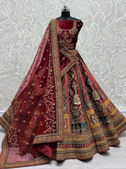 Exquisite Maroon Thread Work Velvet Lehenga Choli With Double Dupatta