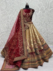 Stunning Beige Thread Work Velvet Lehenga Choli With Double Dupatta
