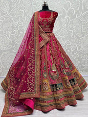 Beautiful Pink Thread Work Velvet Lehenga Choli with Double Dupatta