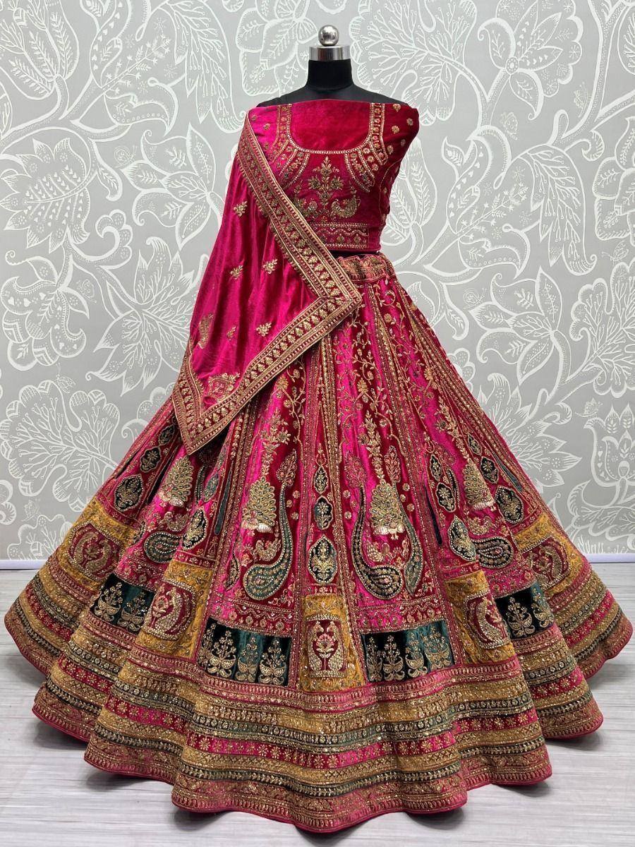 Pink velvet lehenga choli with gold embroidery, designer Indian ethnic wear for weddings