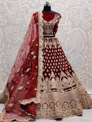 Maroon Heavy Thread Work Velvet Bridal Lehenga Choli
