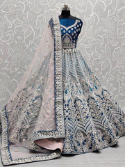 Stunning Blue Multi-Thread Work Velvet Lehenga Choli With Dupatta