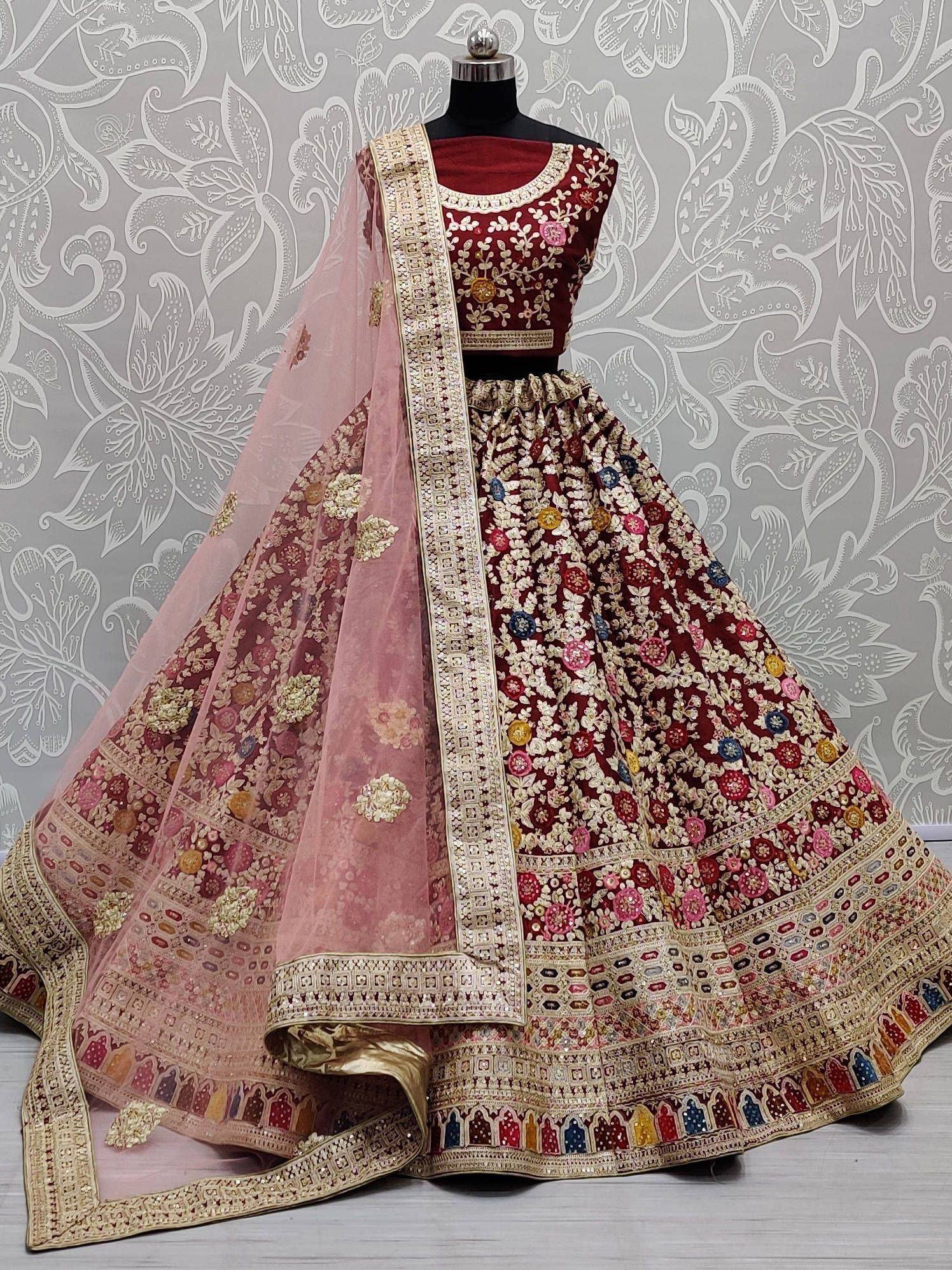 Maroon embroidered lehenga choli with pink dupatta, Indian ethnic wear for weddings