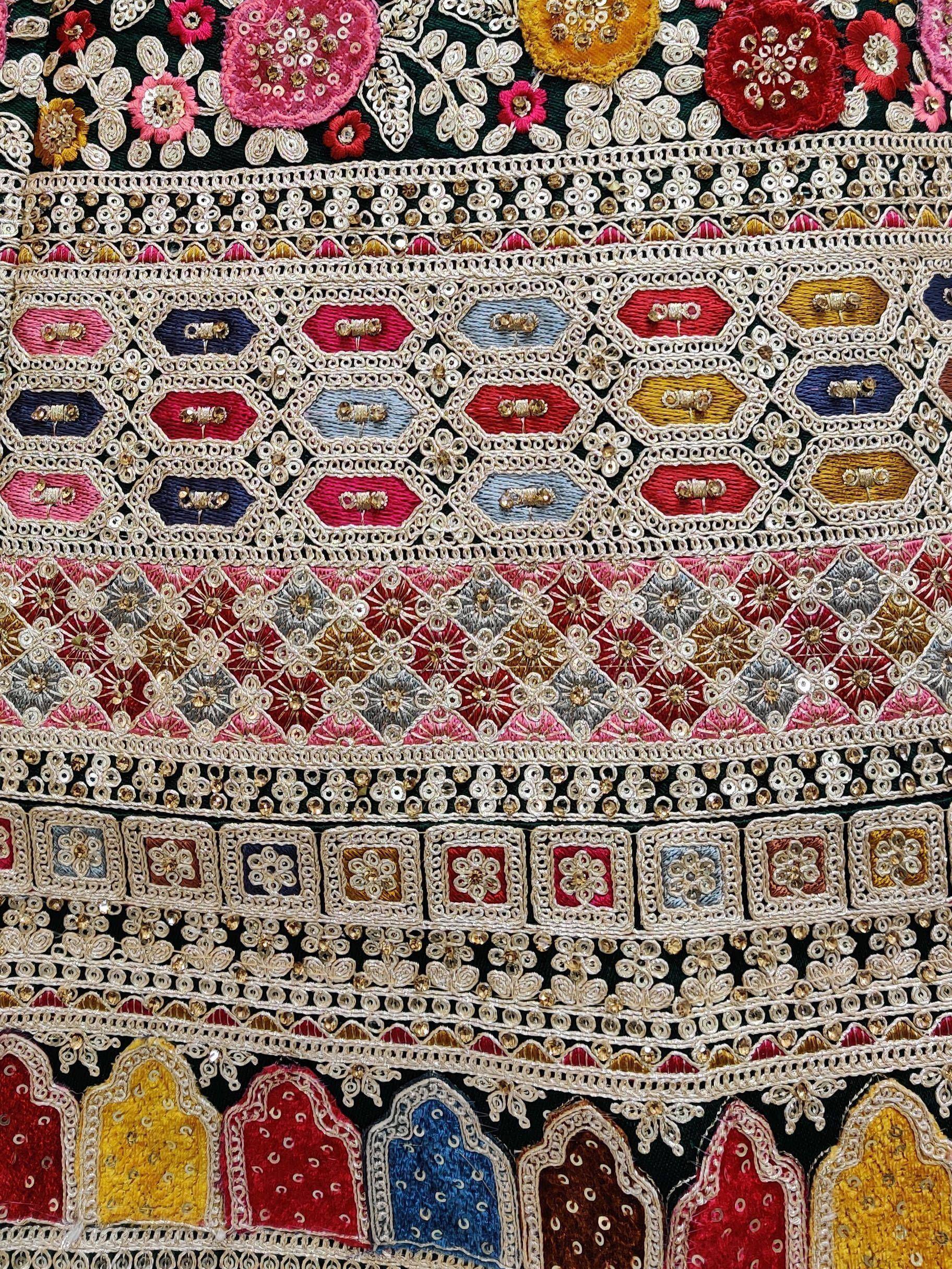 Intricate Indian ethnic embroidery with floral and geometric patterns, sequins, and vibrant colors for lehenga or saree.