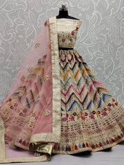 Marvelous Beige thread Embroidery Silk Bridal Wear Lehenga Choli