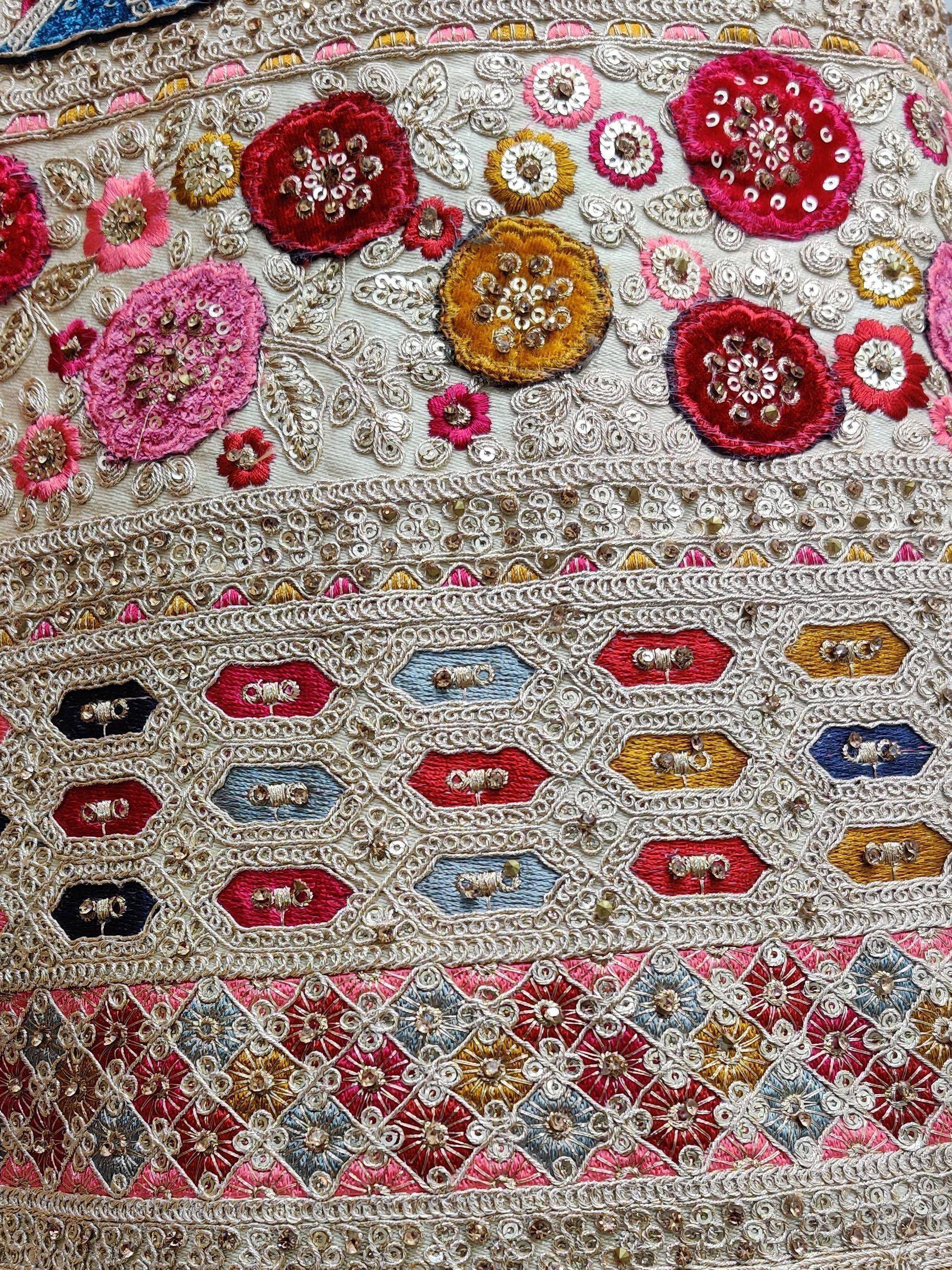 Intricate floral embroidery with sequins and threadwork on ethnic wear fabric
