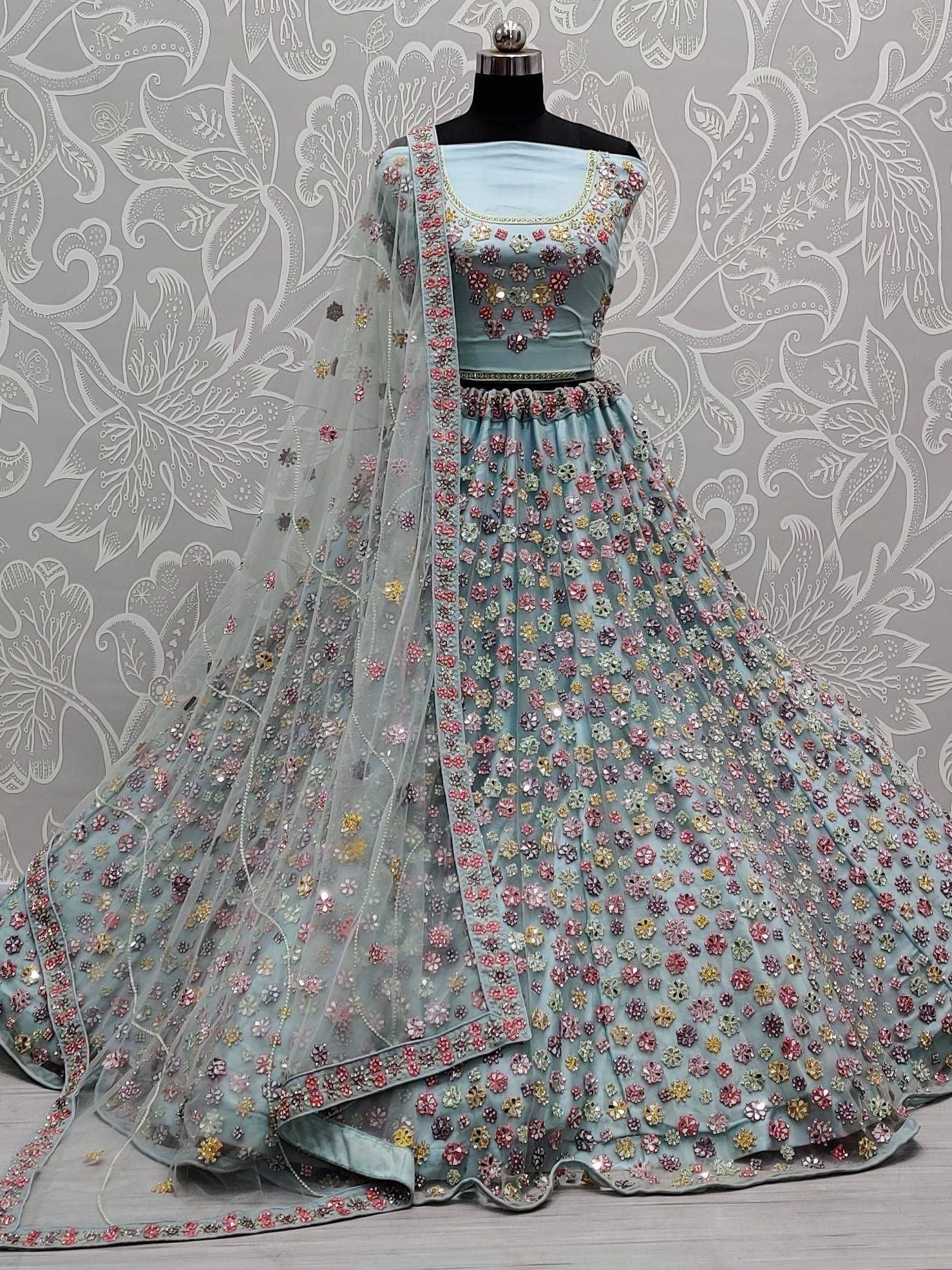 Light blue floral embroidered lehenga choli with sheer dupatta, Indian ethnic wear for women