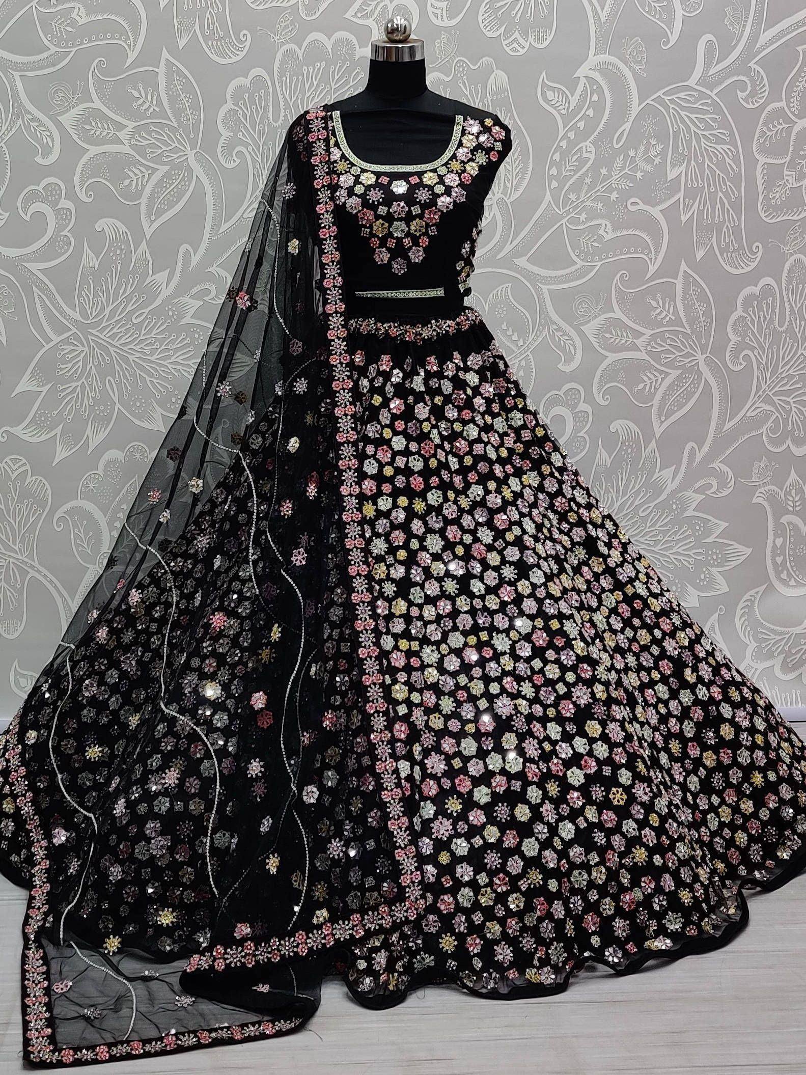 Black floral embroidered lehenga choli with sheer dupatta, designer Indian ethnic wear