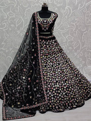 Glorious Black Mirror Work Net Party Wear Lehenga Choli