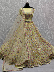 Outstanding Yellow Mirror Work Net Party Wear Lehenga Choli