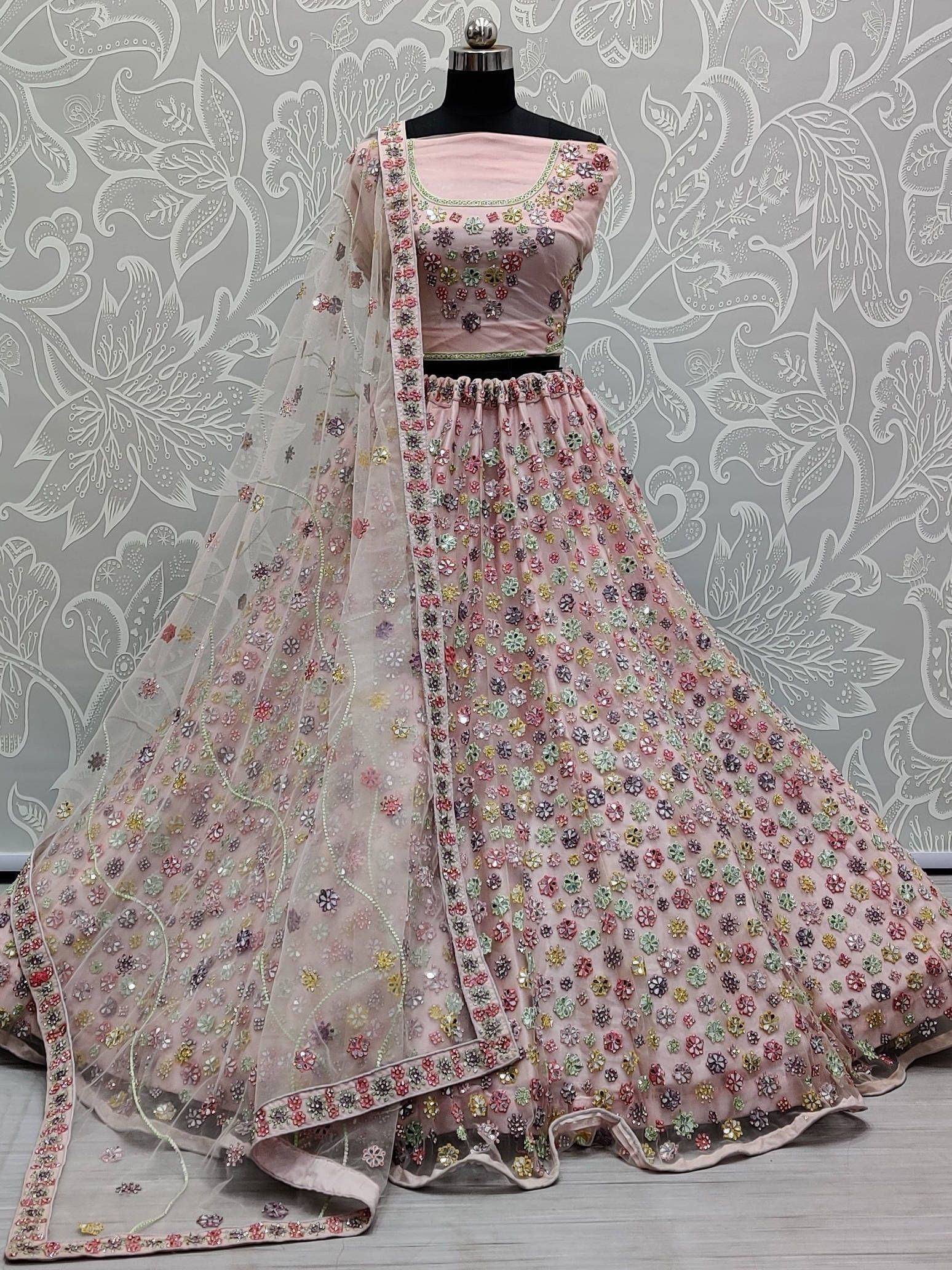 Pink floral embroidered lehenga choli with net dupatta, Indian ethnic wear for weddings and parties