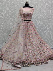 Wonderful Pink Mirror Work Net Party Wear Lehenga Choli