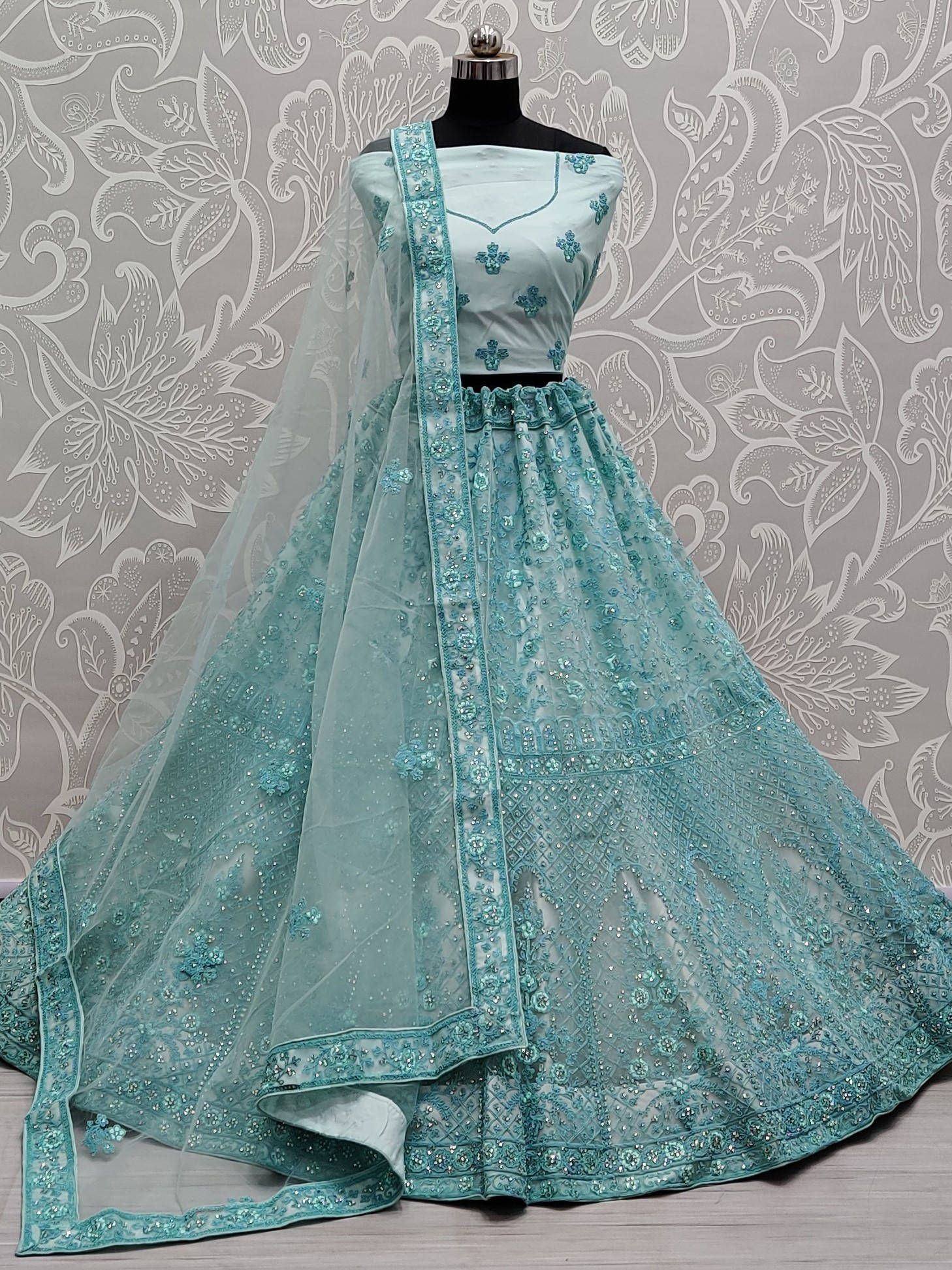 Turquoise embroidered lehenga choli with sheer dupatta, designer Indian ethnic wear