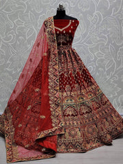 Delectable Maroon Dori Work Velvet Bridal Wear Lehenga Choli