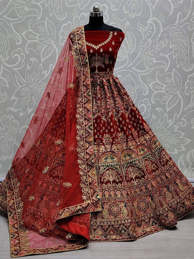 Delectable Maroon Dori Work Velvet Bridal Wear Lehenga Choli