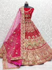 Pleasing Pink Zari Work Velvet Bridal Wear Lehenga Choli