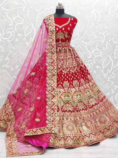 Pleasing Pink Zari Work Velvet Bridal Wear Lehenga Choli