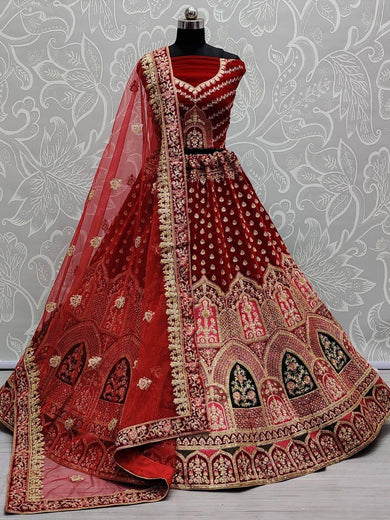 Captivating Red Thread Embroidery Velvet Bridal Wear Lehenga Choli