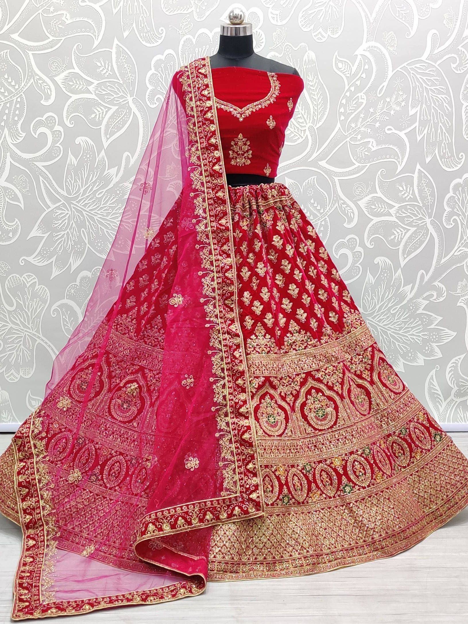 Red velvet lehenga choli with gold embroidery and sheer dupatta, Indian ethnic wear for weddings