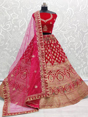 Efficacious Pink Zari Embroidery Velvet Bridal Wear Lehenga Choli