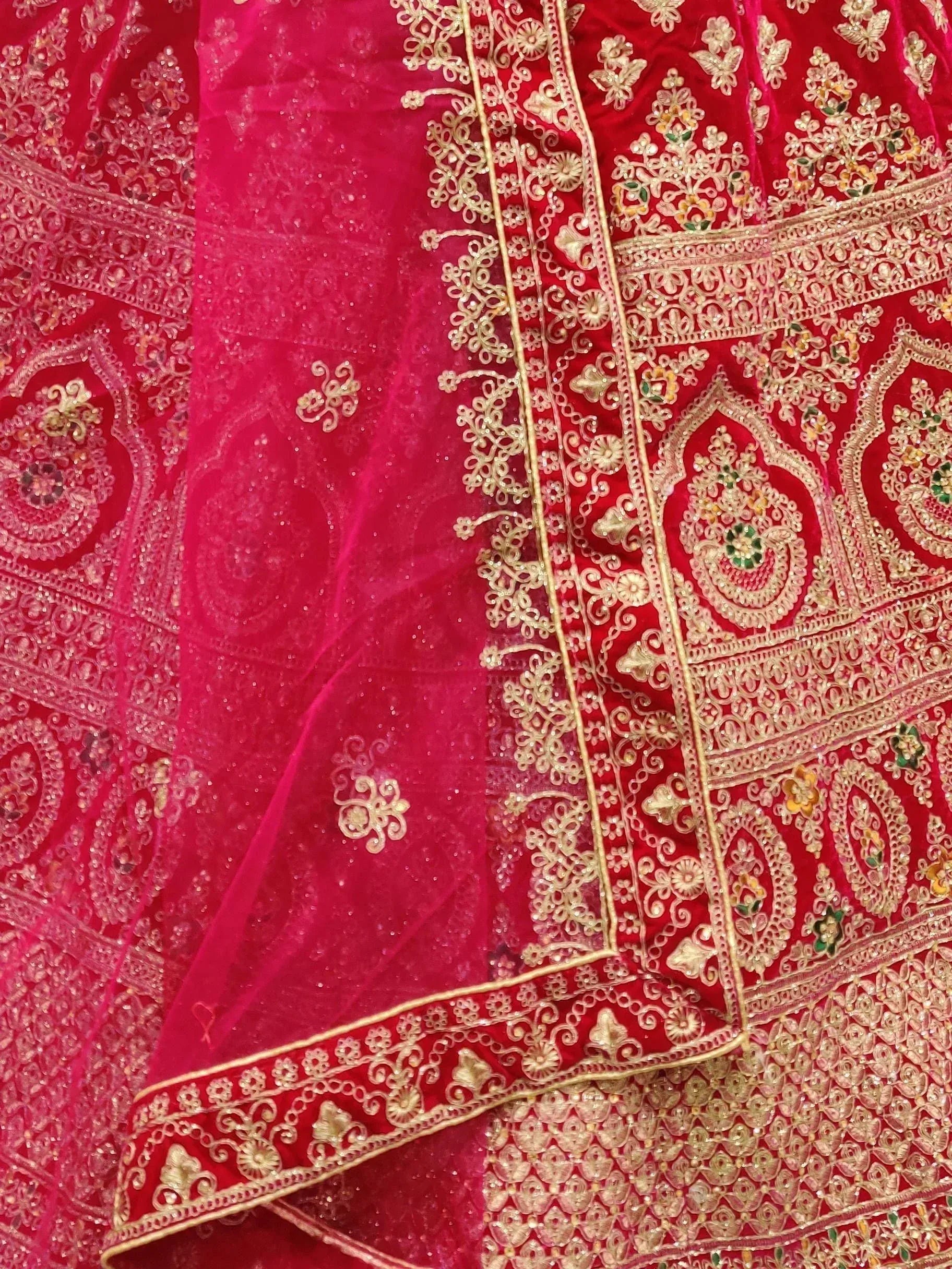 Red velvet lehenga choli with gold embroidery and sheer dupatta, Indian ethnic wear