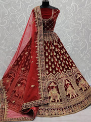 Fantastic Maroon Zari Embroidery Velvet Bridal Wear Lehenga Choli
