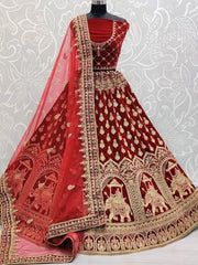 Charismatic Red Zari Embroidery Velvet Bridal Wear Lehenga Choli