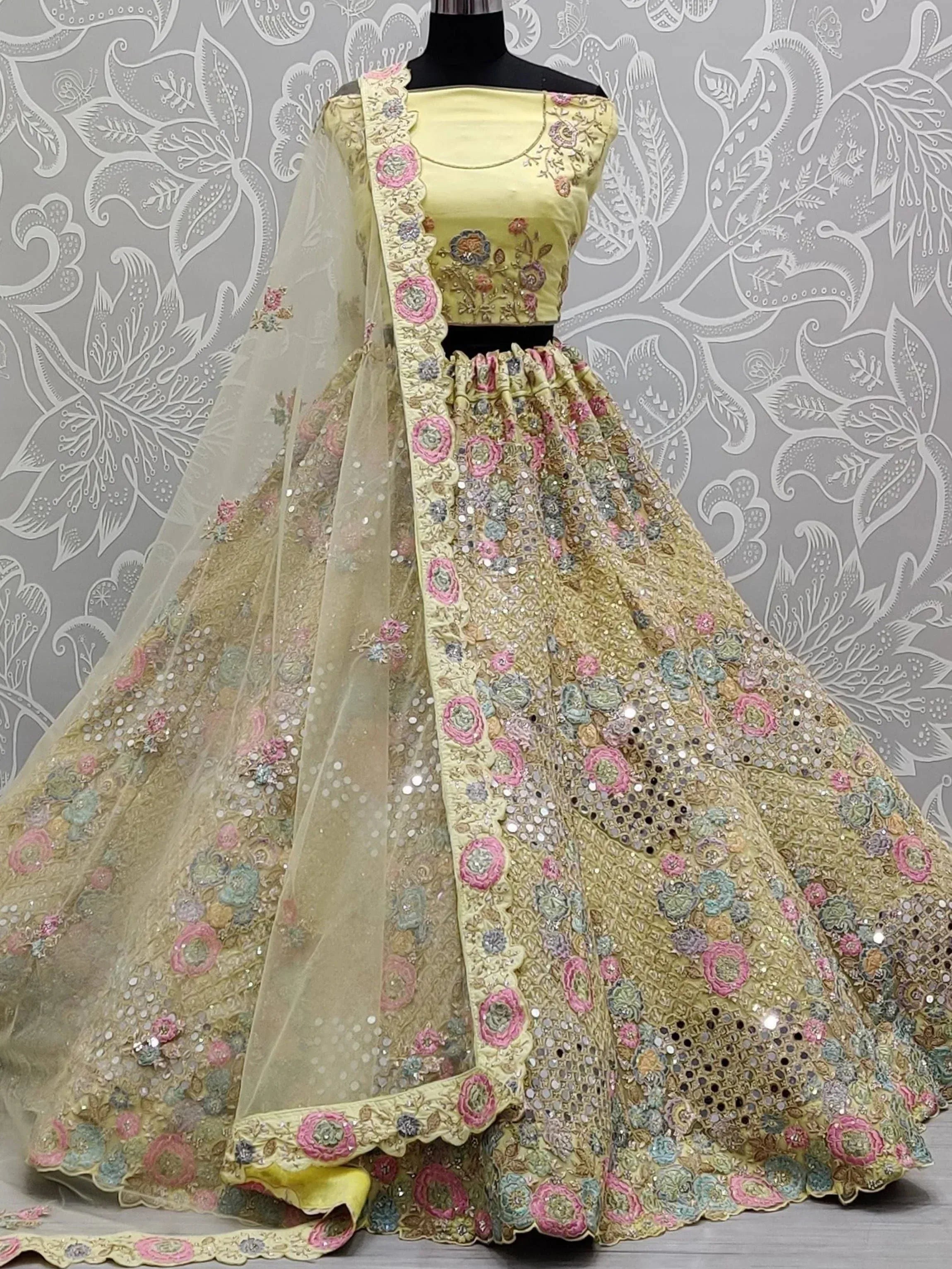 Yellow floral embroidered lehenga choli with sequins and net dupatta, Indian ethnic wear