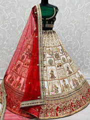Outstanding White & Green Embroidered Silk Bridal Panetar Lehenga Choli