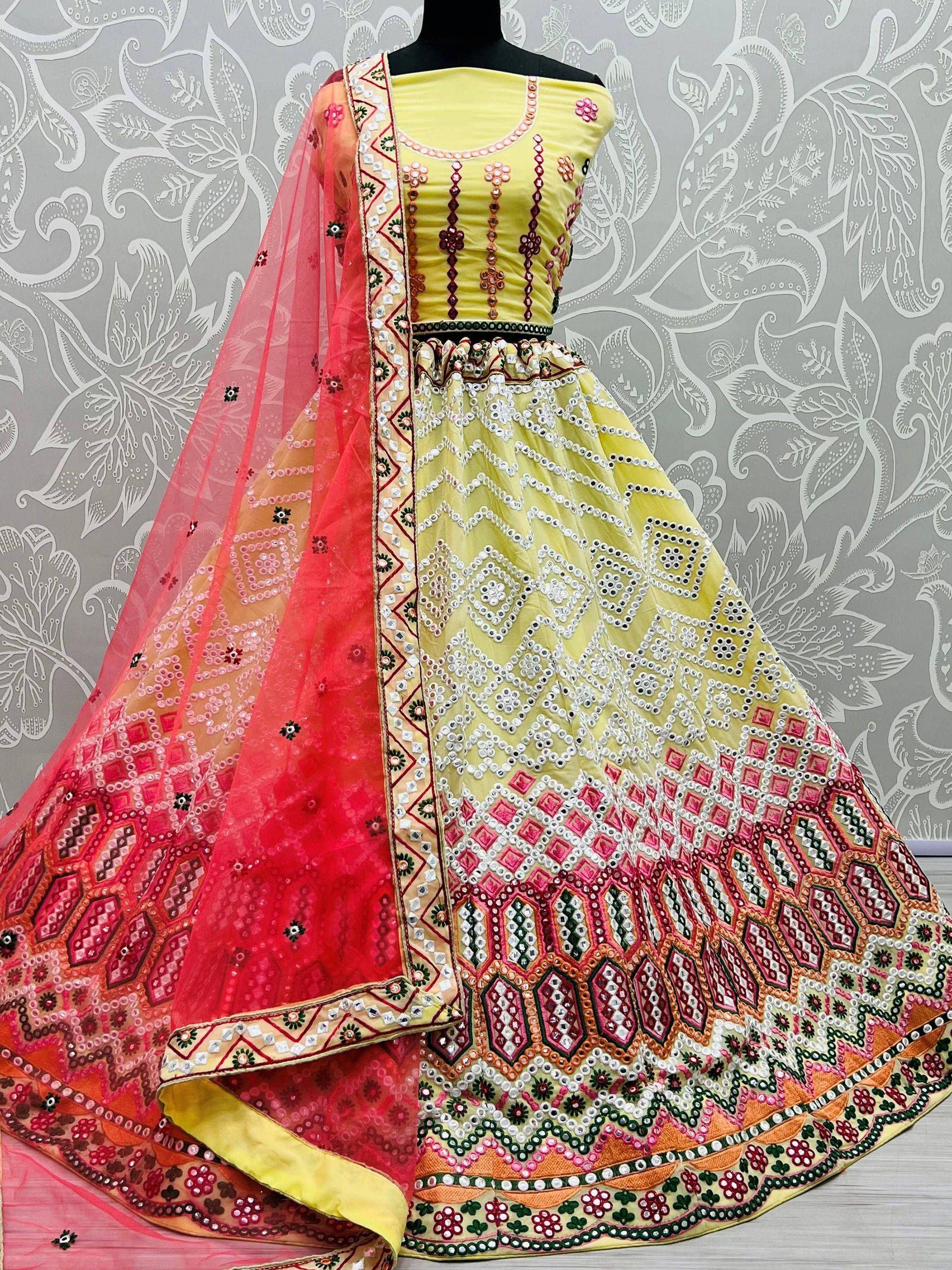 Yellow and pink embroidered lehenga choli with mirror work and dupatta, Indian ethnic wear