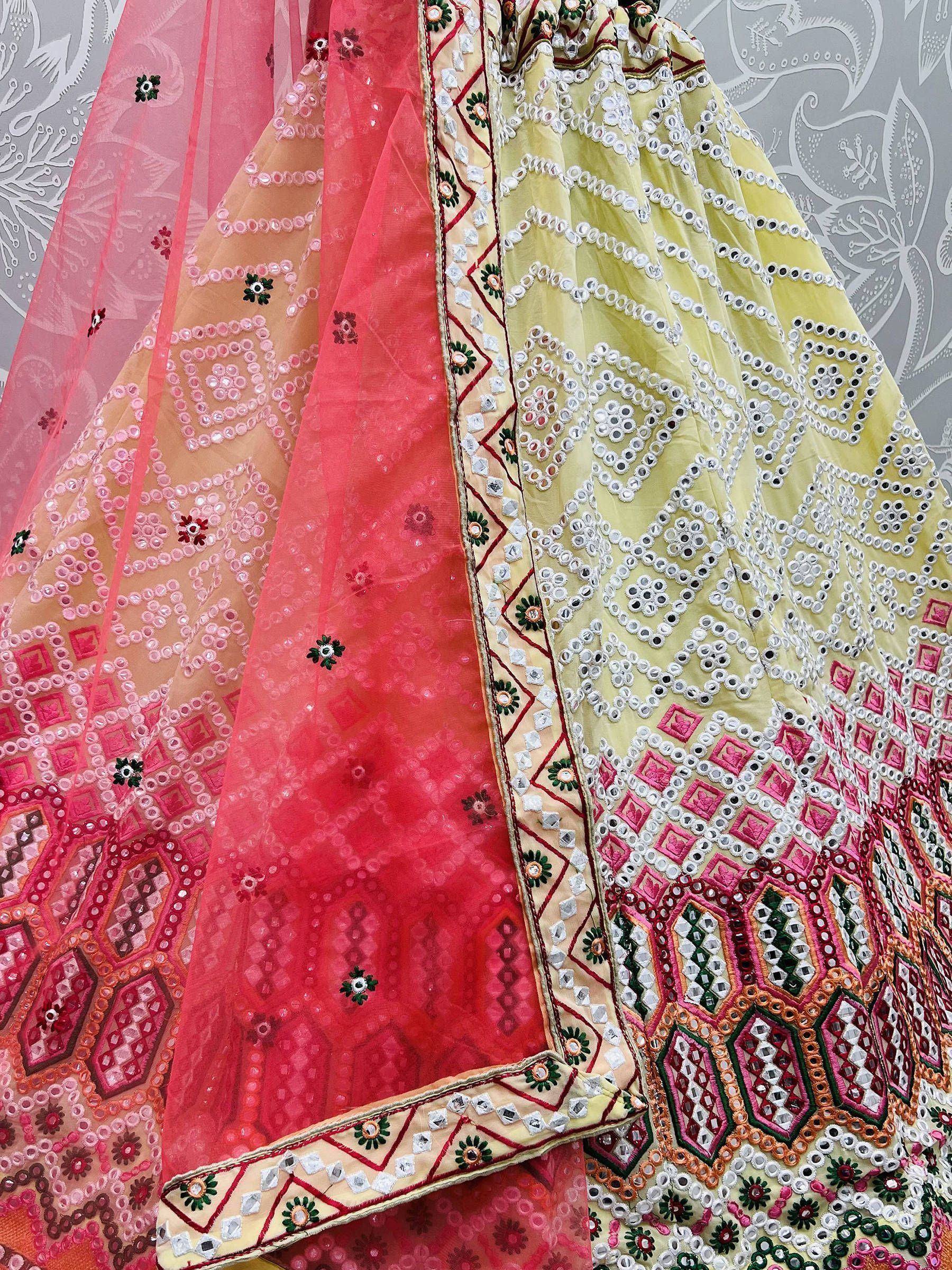 Colorful Indian ethnic lehenga with mirror work and embroidery, perfect for festive occasions.