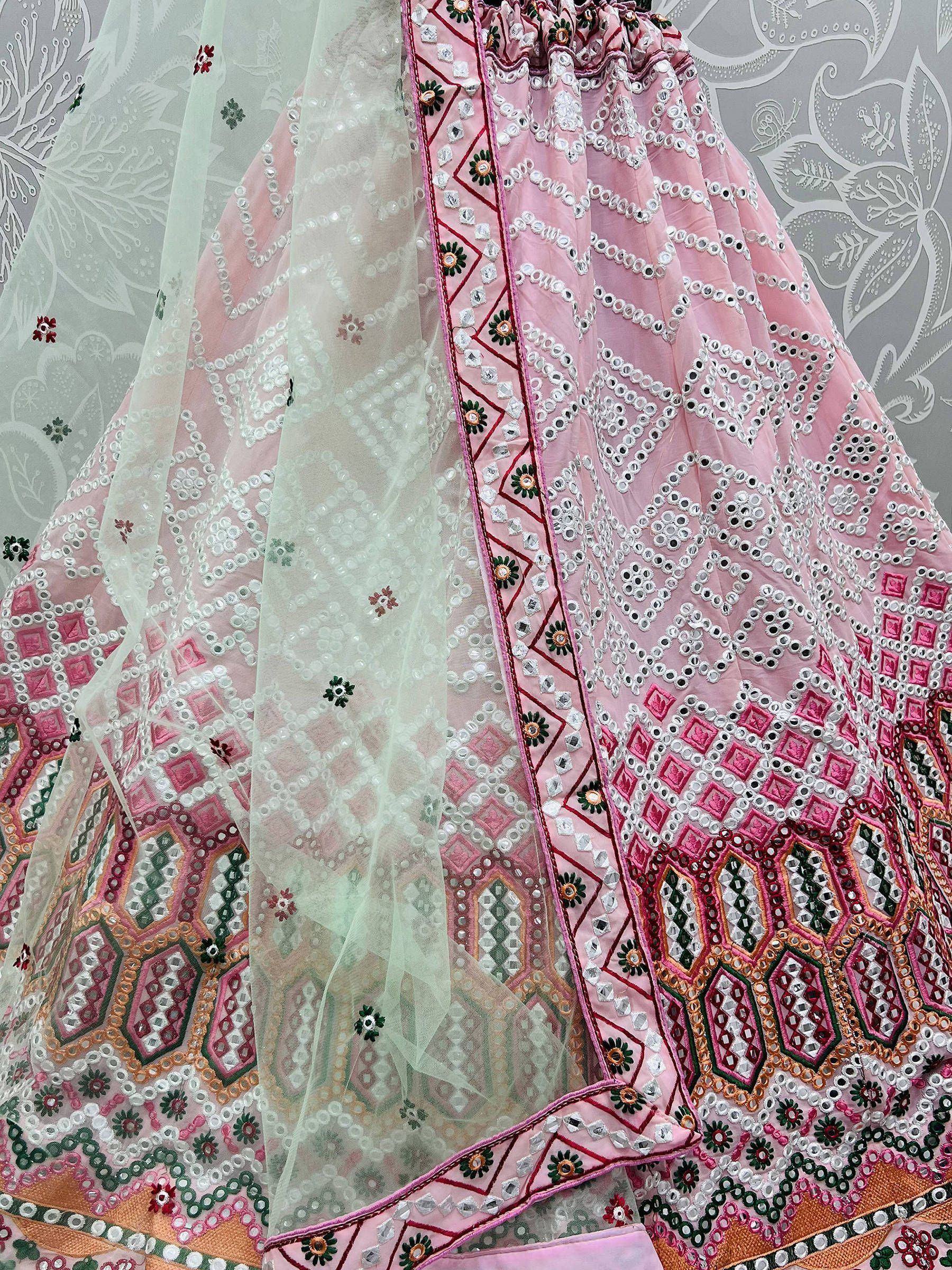 Pink embroidered lehenga with mirror work and sheer dupatta, Indian ethnic wear