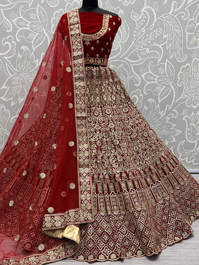 Awesome Red Zari Embroidery Velvet Bridal Wear Lehenga Choli