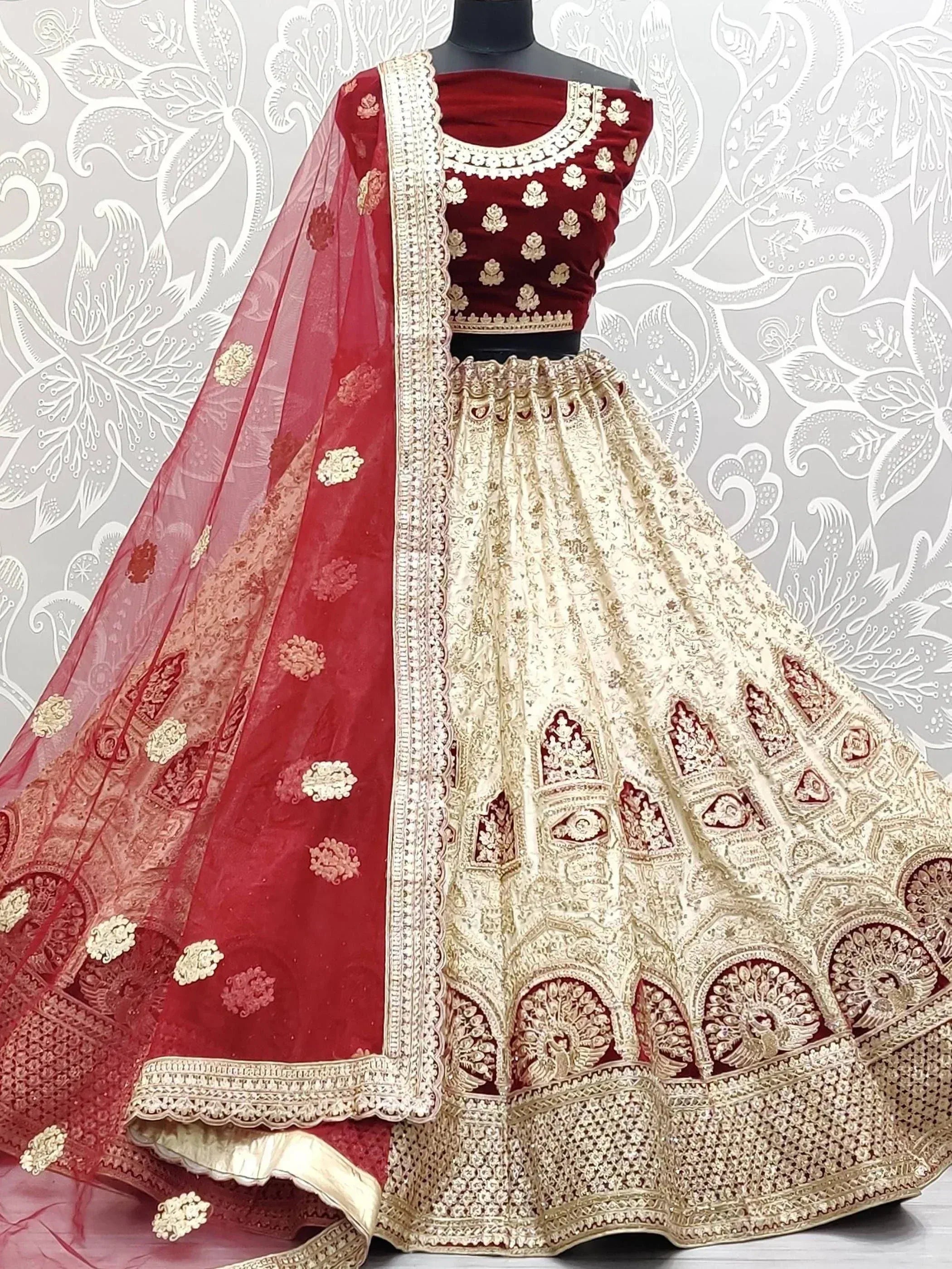 Red and gold embroidered lehenga choli with matching dupatta, Indian ethnic wear for weddings