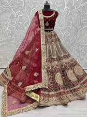 Good-looking Maroon Thread Diamond Velvet Bridal Lehenga Choli
