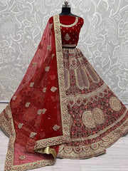 Beautiful Red Thread Diamond Velvet Bridal Lehenga Choli