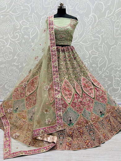 Outstanding Green Patch Work Net Bridal Wear Lehenga Choli