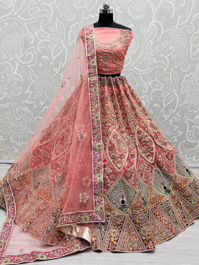 Amazing Pink Patch Work Net Bridal Wear Lehenga Choli