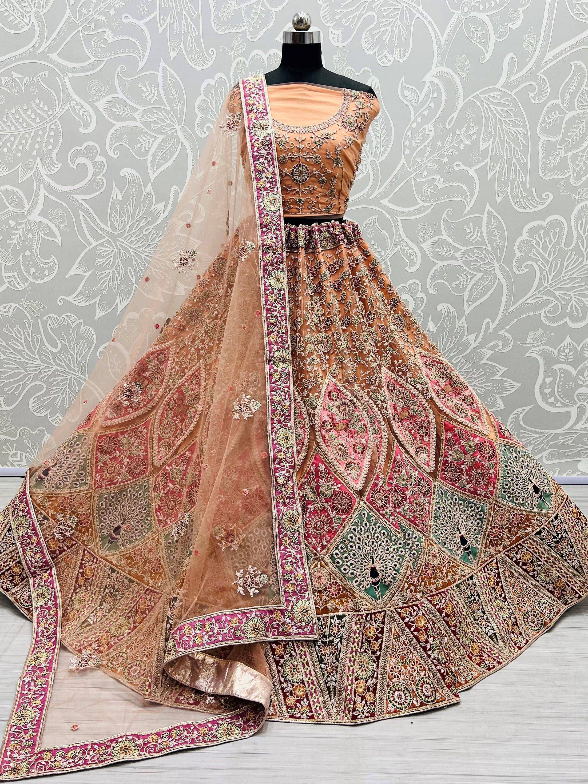 Designer lehenga choli with intricate embroidery and colorful patchwork, perfect for Indian ethnic wear