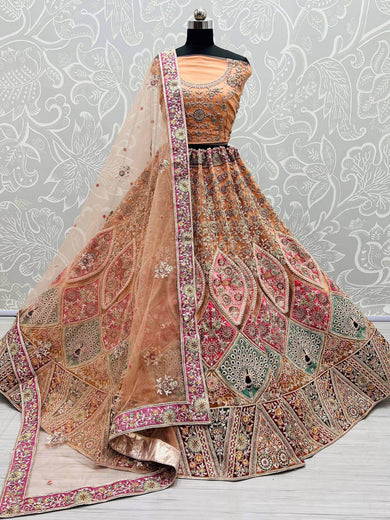 Fascinating Orange Patch Work Net Bridal Wear Lehenga Choli