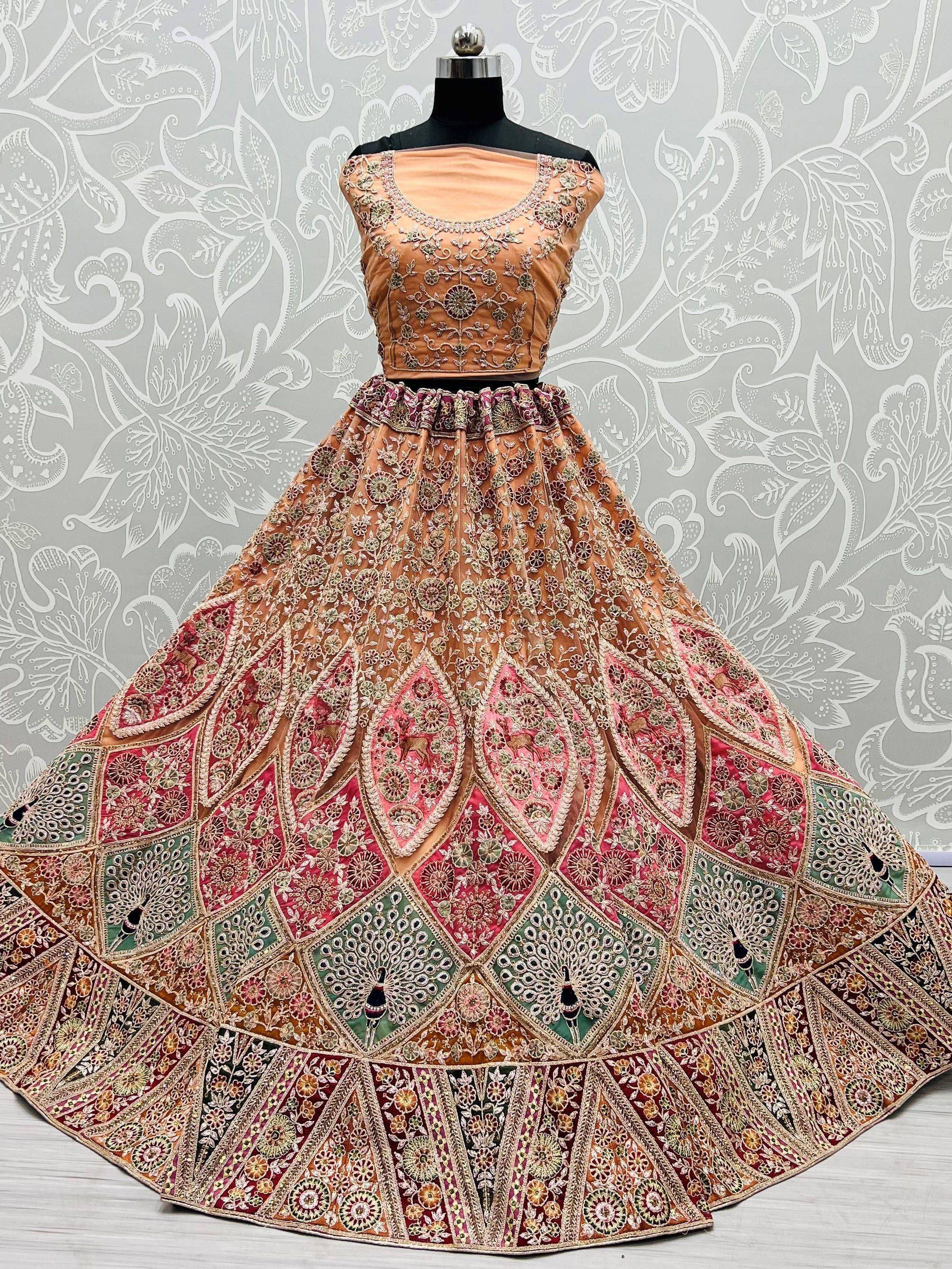 Designer lehenga choli with intricate floral embroidery, perfect for Indian ethnic wear and festive occasions.