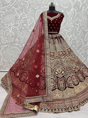 Classic Maroon Velvet Embroidered Bridal Lehenga With Net Dupatta